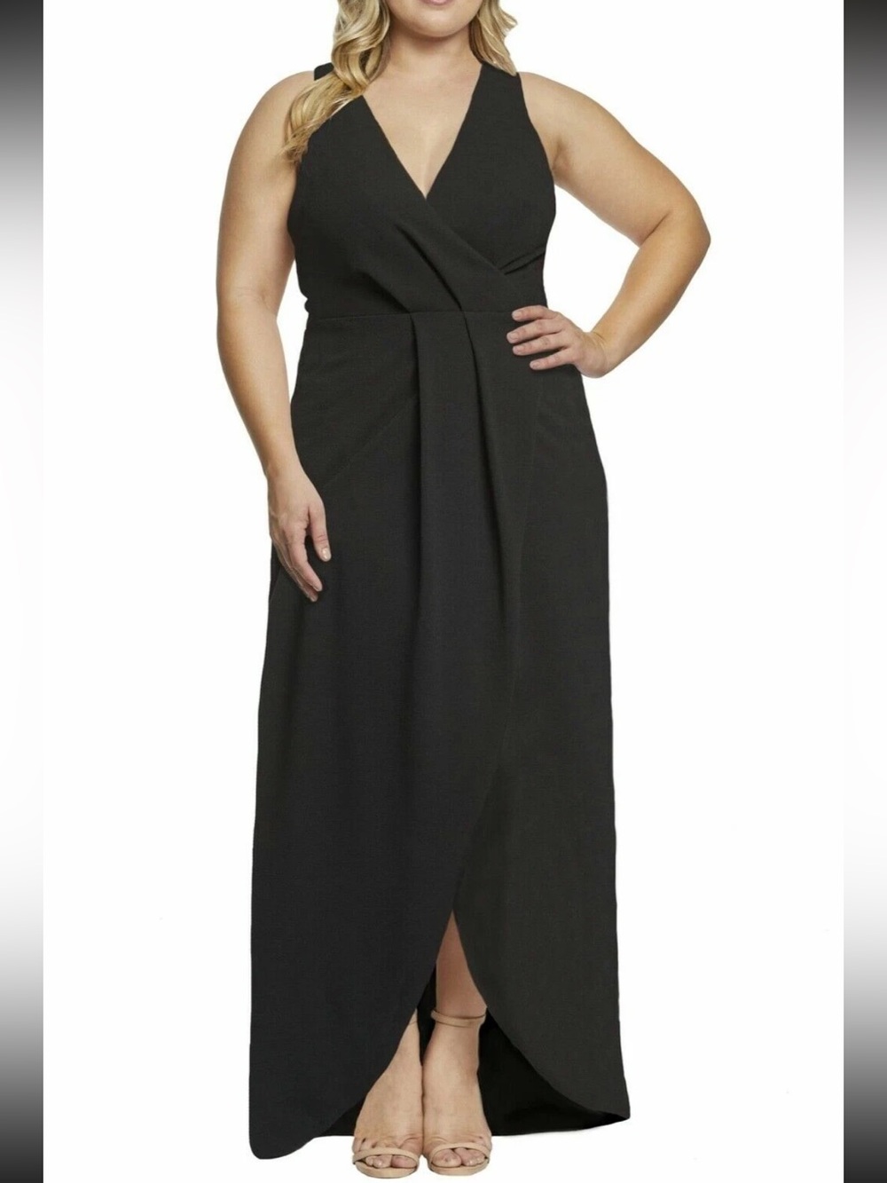 Dress the Population Ariel Racerback Faux Wrap Crepe Gown NWT
